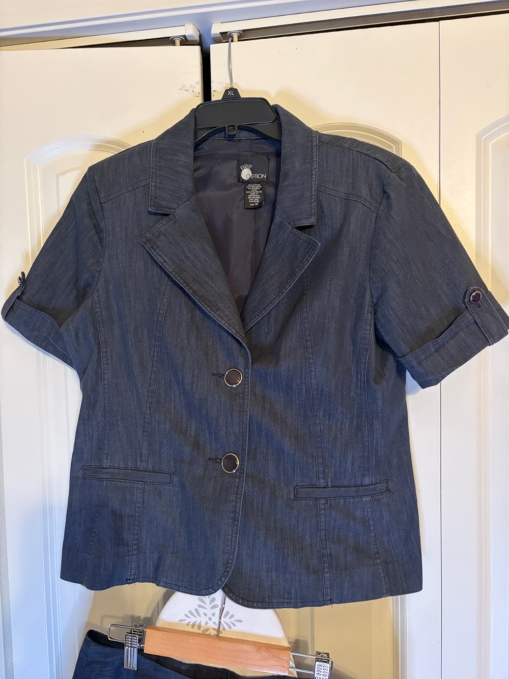 Short-Sleeve Denim Blazer Jacket - Dark Blue